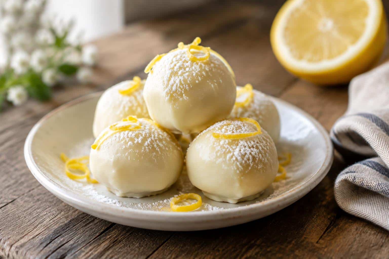 Delicious lemon truffles on a white plate garnished with lemon zest, showcasing lemon truffles dessert