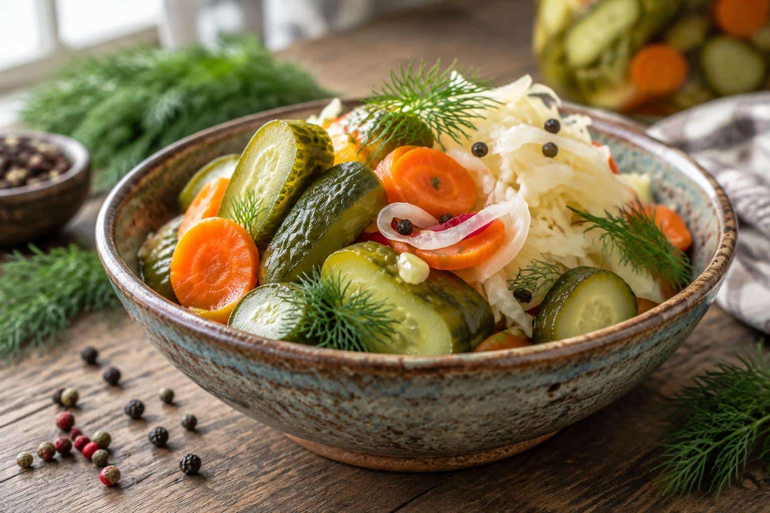 Colorful bowl of pickled vegetables recipe with fresh dill garnish and rustic presentation