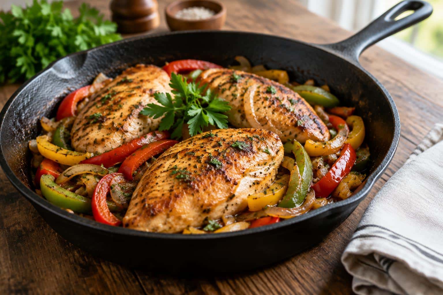 Simple chicken skillet dinner with golden brown chicken and sautéed vegetables in a rustic skillet