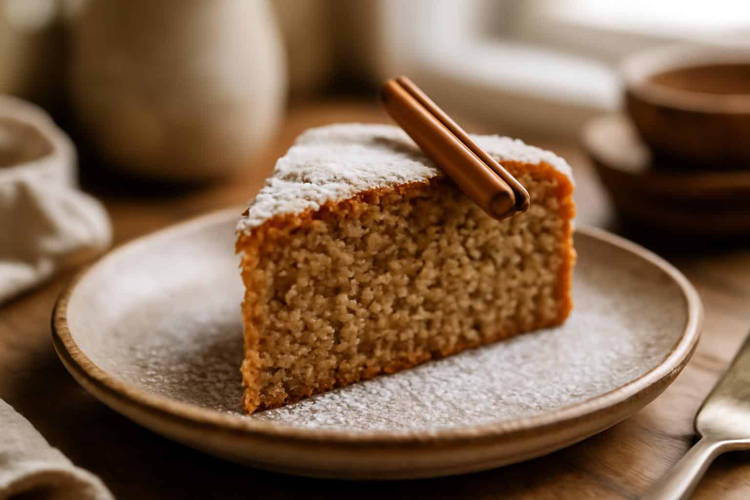 Moist slice of chai cake with cinnamon garnish and powdered sugar in natural light