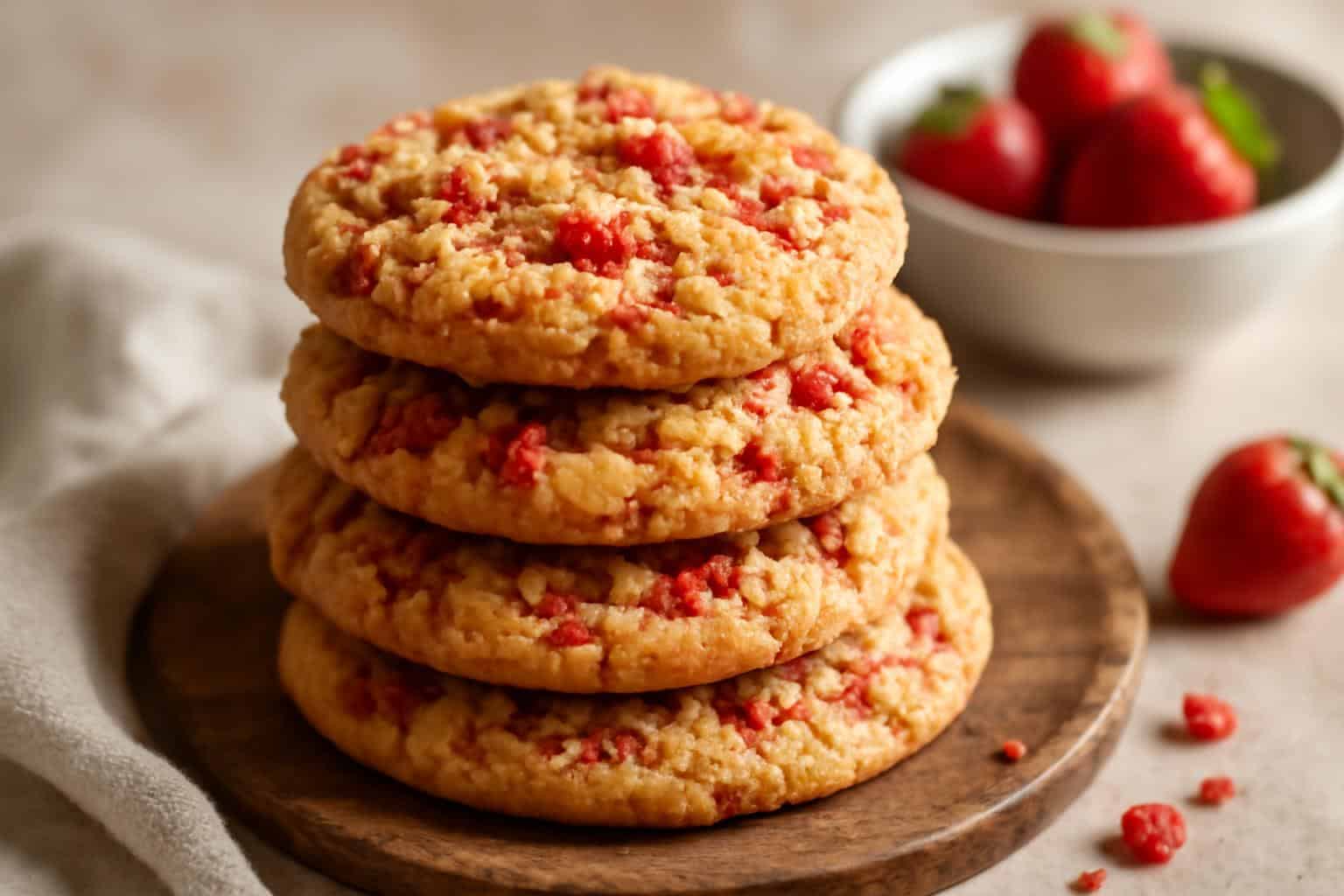 Freshly baked strawberry crunch cookies stacked on a wooden board with visible crunchy bits and dried strawberries