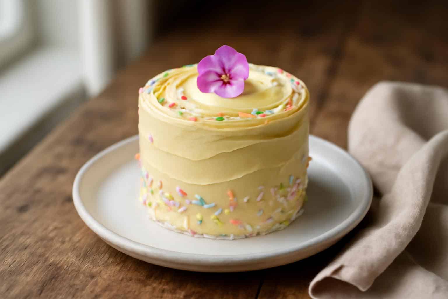 Bolinho espatulado with creamy buttercream frosting garnished with sprinkles and a flower