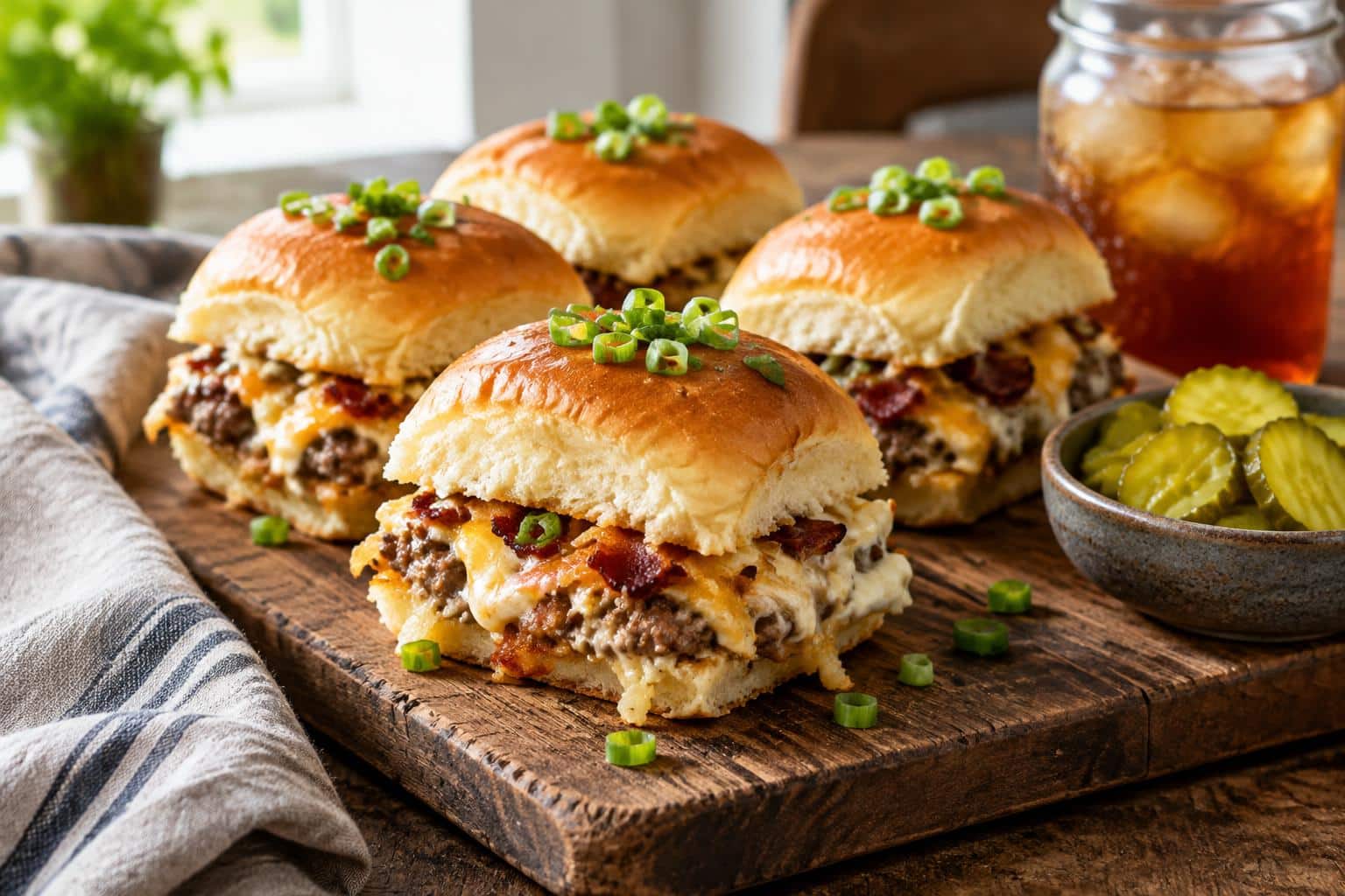 Freshly baked white trash sliders with green onion garnish and pickles on rustic board