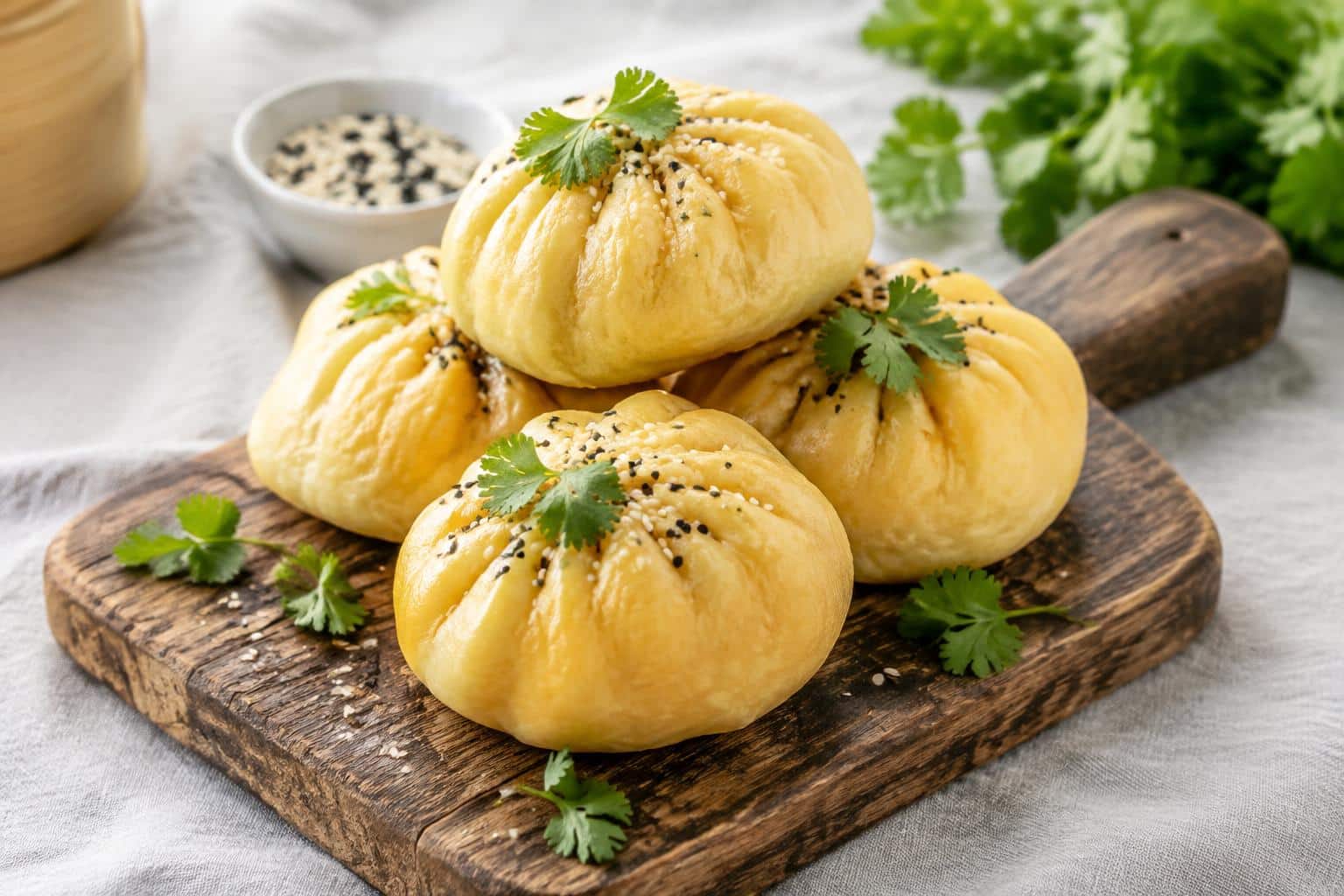 Deliciously simple bao buns served with fresh cilantro and sesame seeds, showcasing soft fluffy bao buns