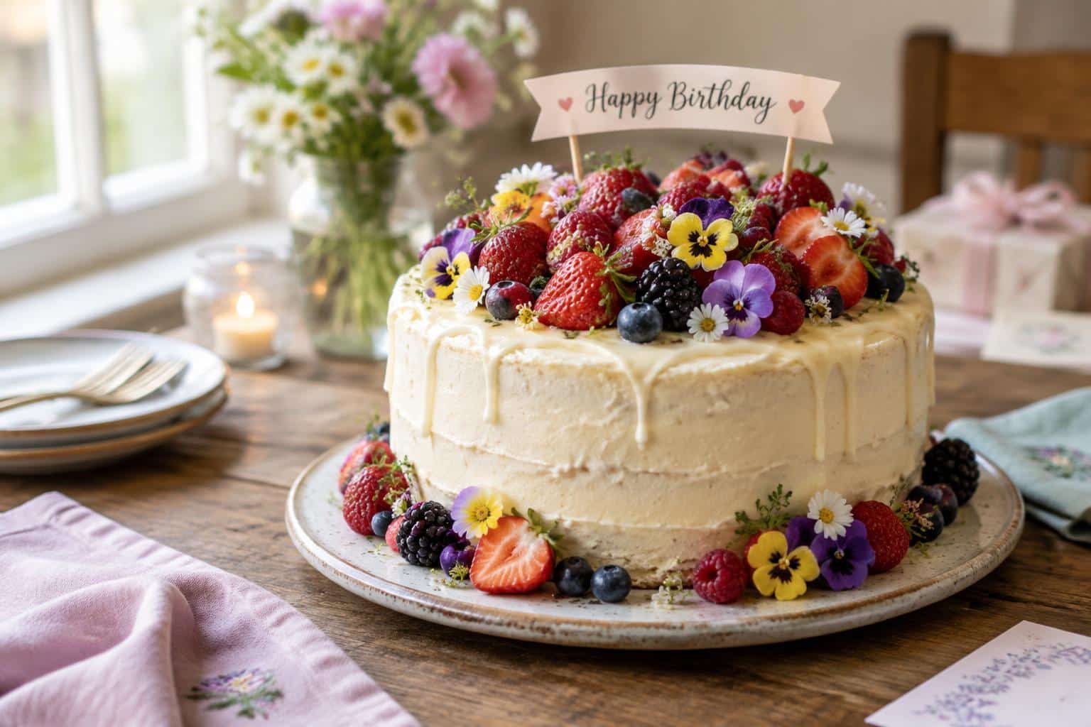 Moist birthday cake recipe decorated with fresh berries and edible flowers in natural light