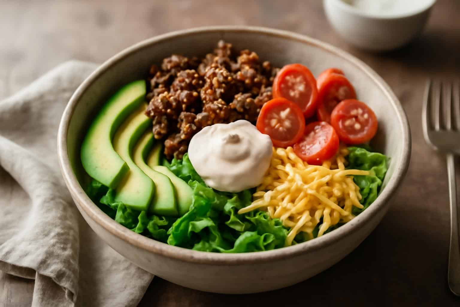 Delightful burger bowls served with fresh veggies and seasoned beef in a rustic bowl, highlighting healthy burger bowls