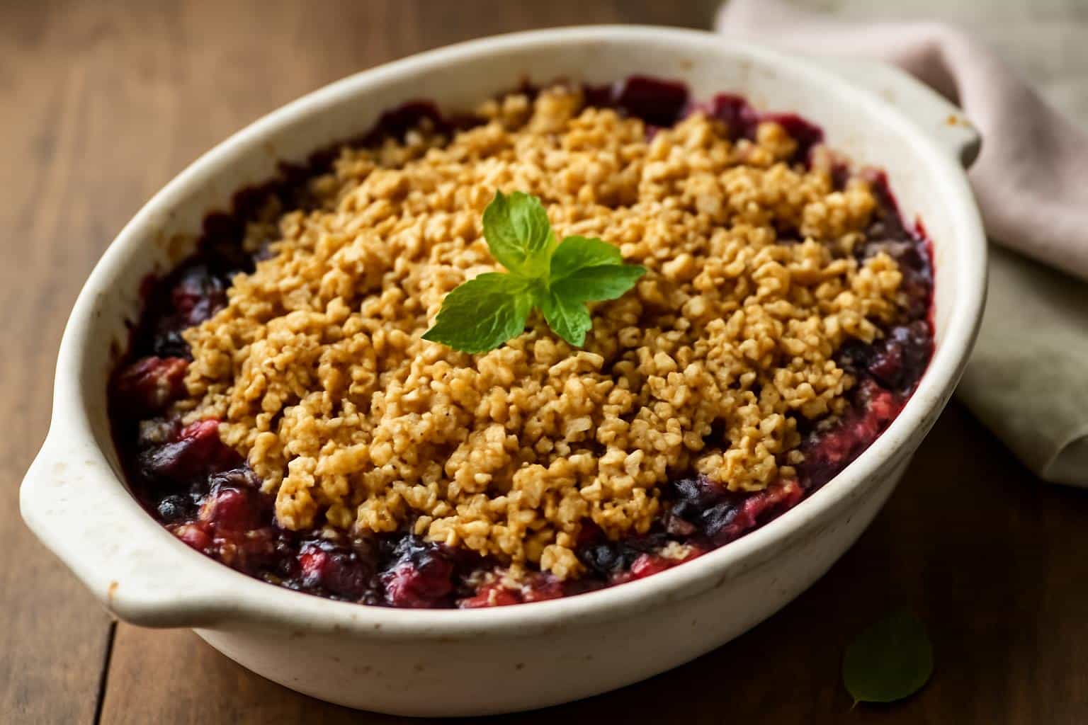 baked fairy berry crisp with golden oat topping and fresh berries in rustic dish