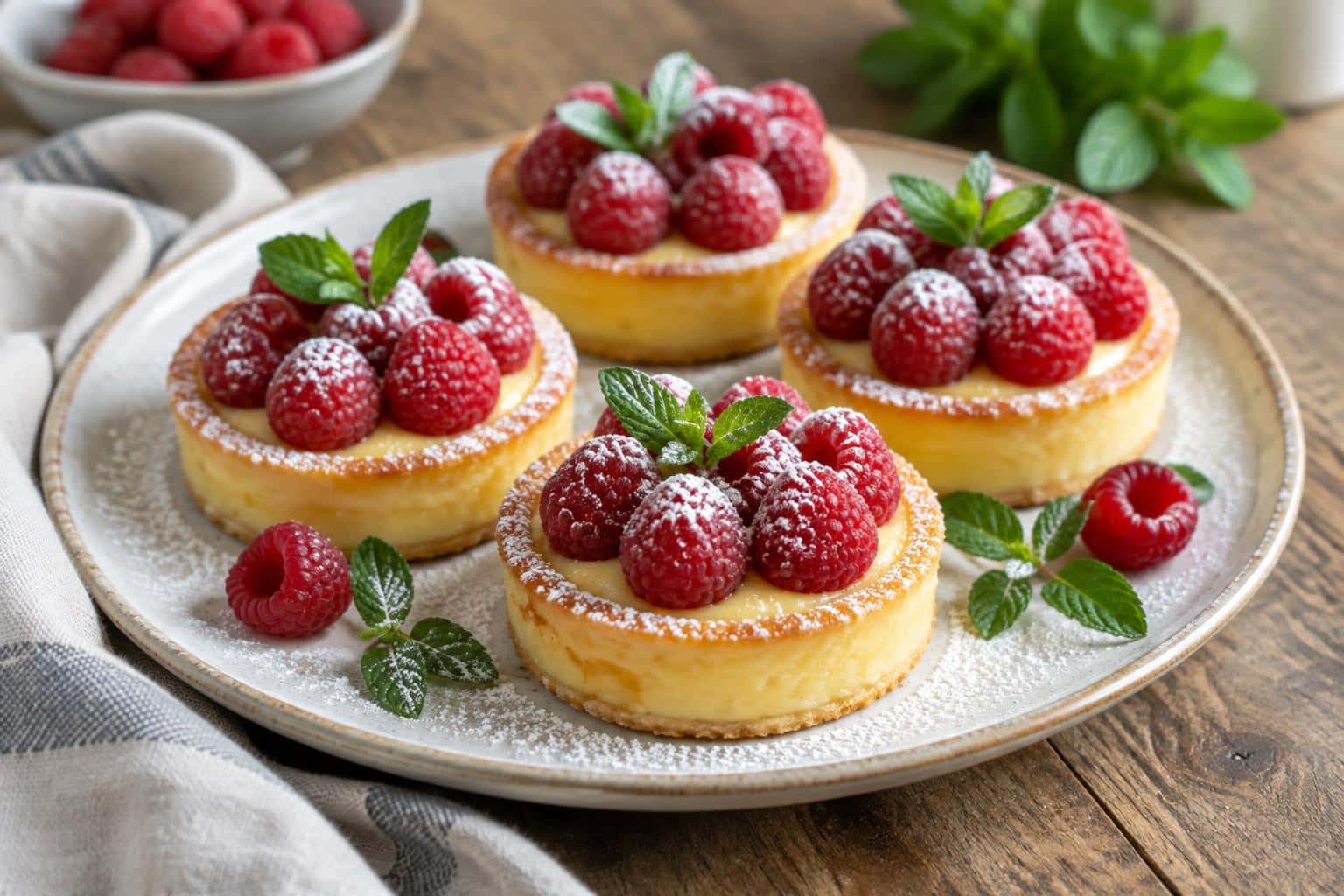 Close-up of crustless tartelettes aux framboises with fresh raspberries and powdered sugar