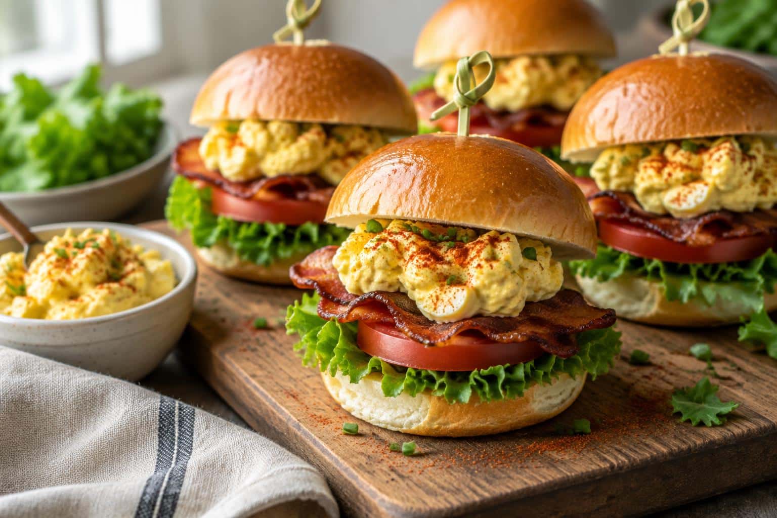 Devilled BLT egg sliders stacked on a wooden board with fresh lettuce and crispy bacon