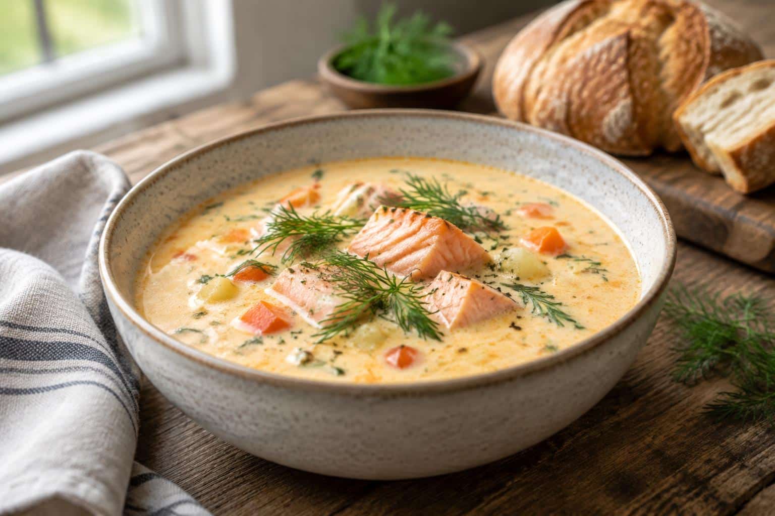Creamy salmon soup garnished with fresh dill sprigs, showcasing a bowl of creamy salmon soup
