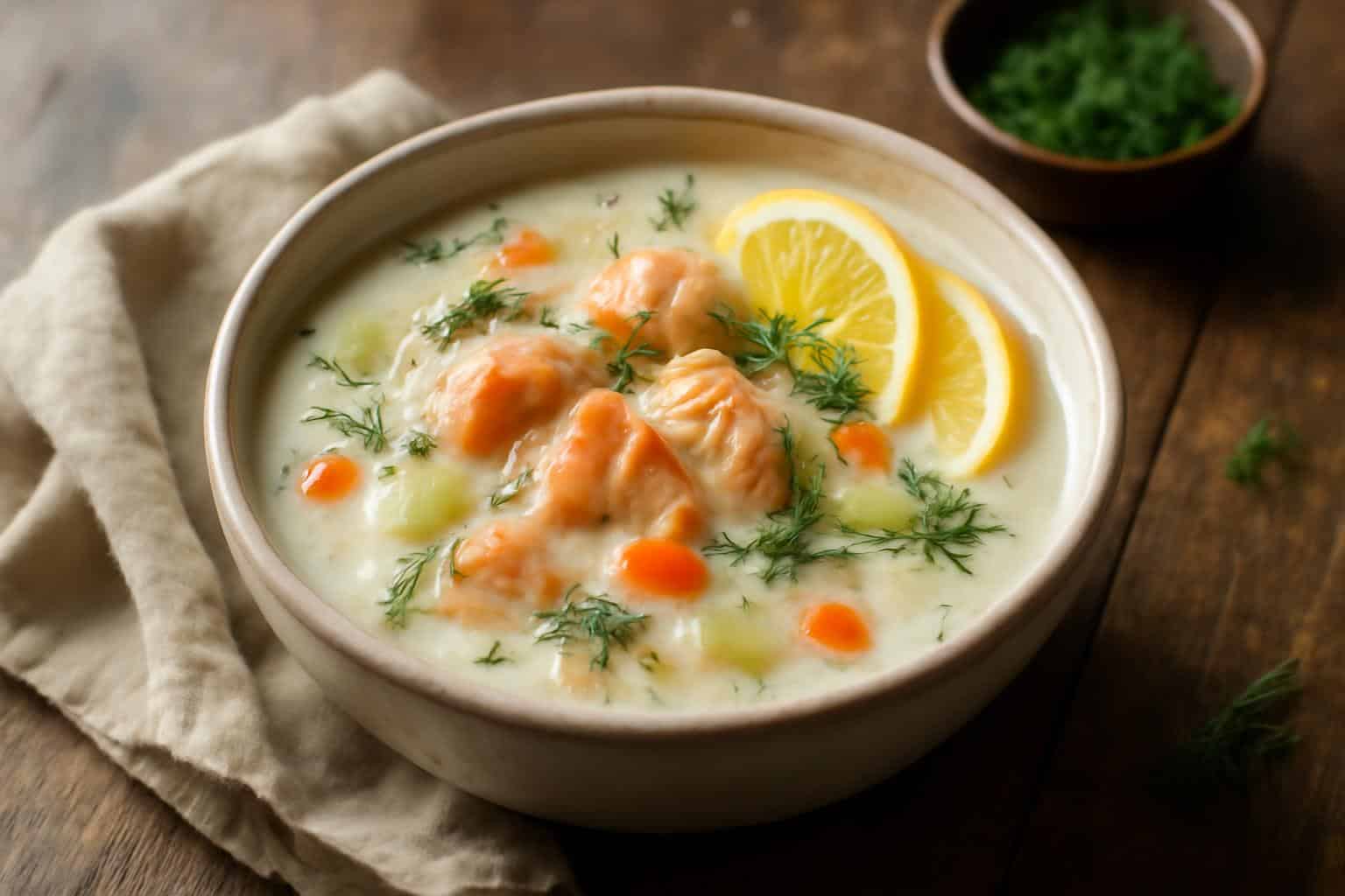 Creamy salmon soup bowl garnished with fresh dill, showcasing creamy salmon soup