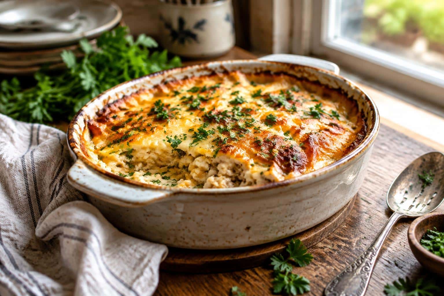 Golden baked easy casserole recipe garnished with fresh parsley in rustic dish