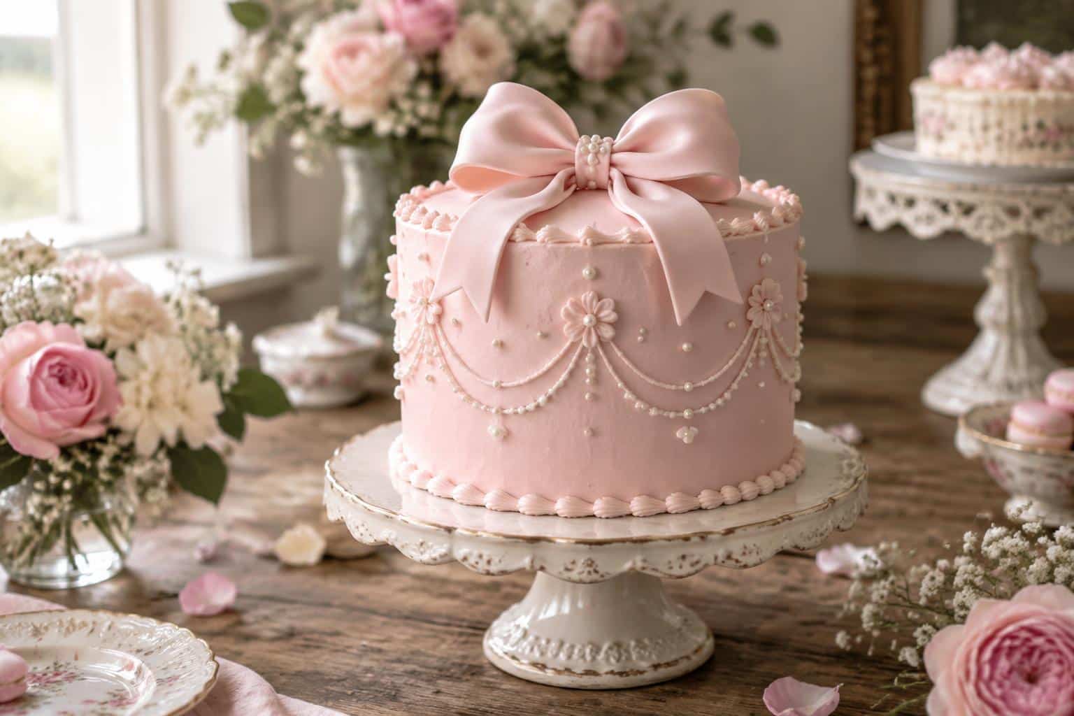 Elegant princess cake recipe with a delicate pink buttercream bow decoration