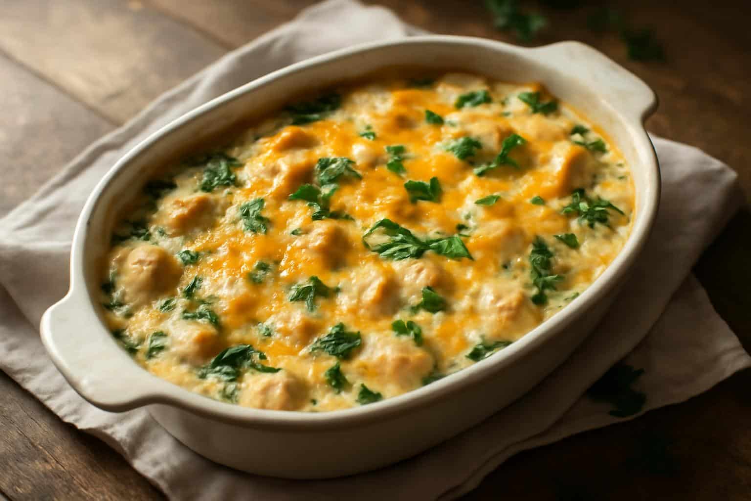 Creamy chicken spinach casserole fresh from the oven with melted cheese and parsley garnish