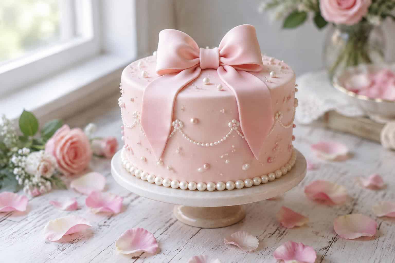 Princess cake recipe with delicate pink fondant bow and pearl decoration