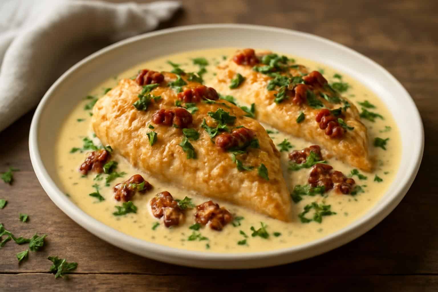 Creamy crockpot marry me chicken with herbs and sun-dried tomatoes in a white dish