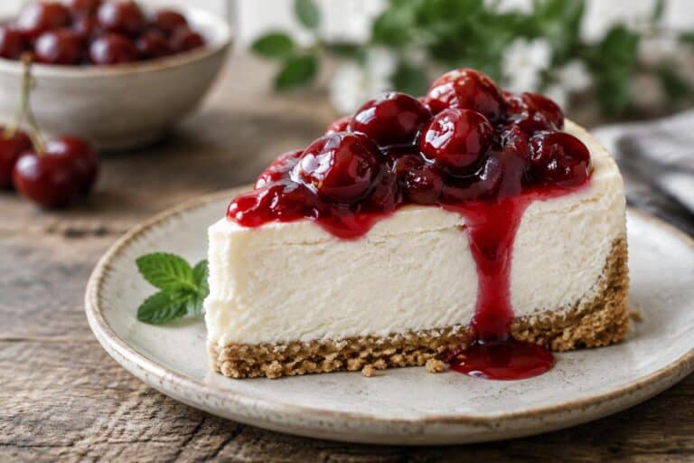 no-bake cherry cheesecake slice topped with cherry compote on rustic wooden surface
