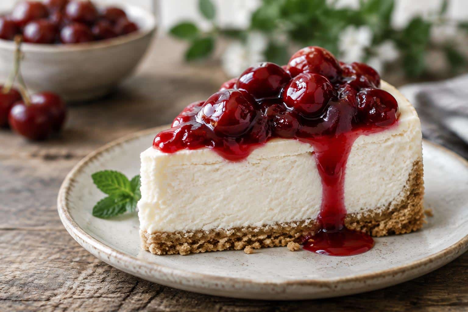 no-bake cherry cheesecake slice topped with cherry compote on rustic wooden surface