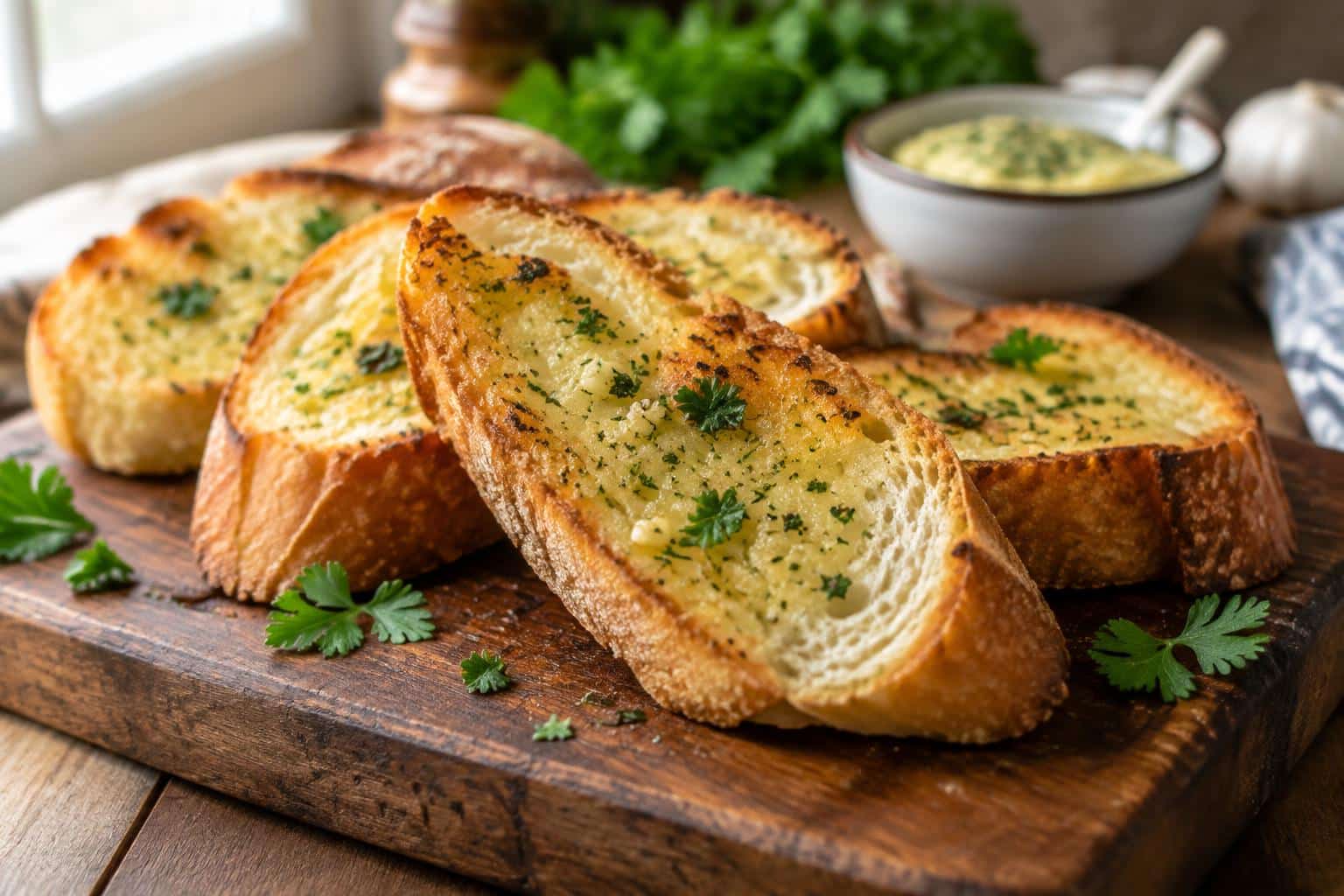 Golden Greek yogurt garlic bread slices garnished with parsley on a wooden board