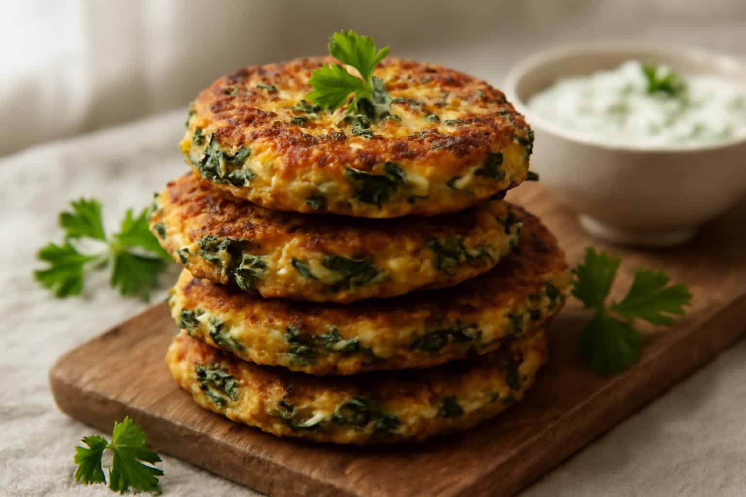 crispy spinach-feta crisps stacked on wooden board, garnished with parsley, Mediterranean snack