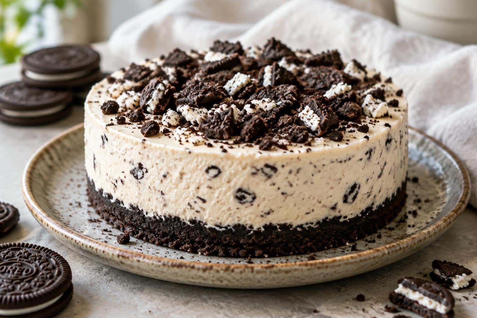 Protein Oreo cheesecake dessert with creamy layers and Oreo crumb crust on rustic plate