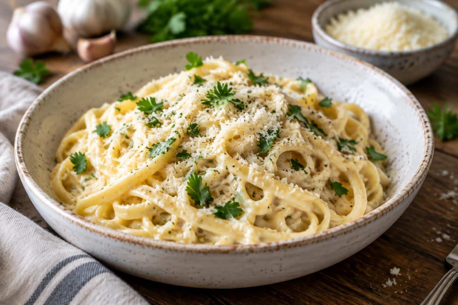 Creamy garlic parmesan pasta in a bowl garnished with parsley and parmesan cheese