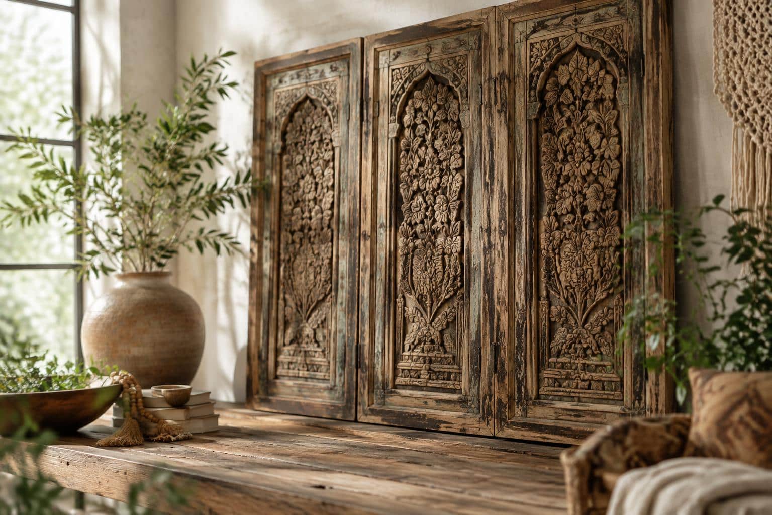 Close-up of antique carved doors used as boho farmhouse panels with intricate wood designs and rustic textures