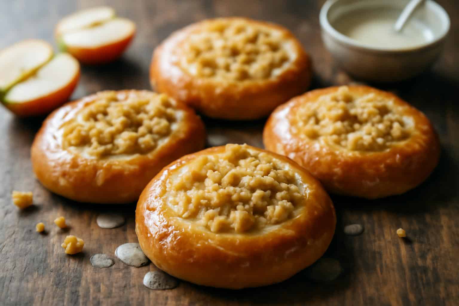 Freshly baked apple cheesecake buns with crispy crumble and sweet glaze on rustic wooden surface