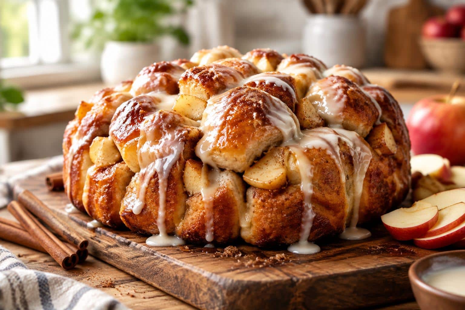 Apple cinnamon bread with creamy vanilla glaze on rustic board, soft golden crust and apple pieces