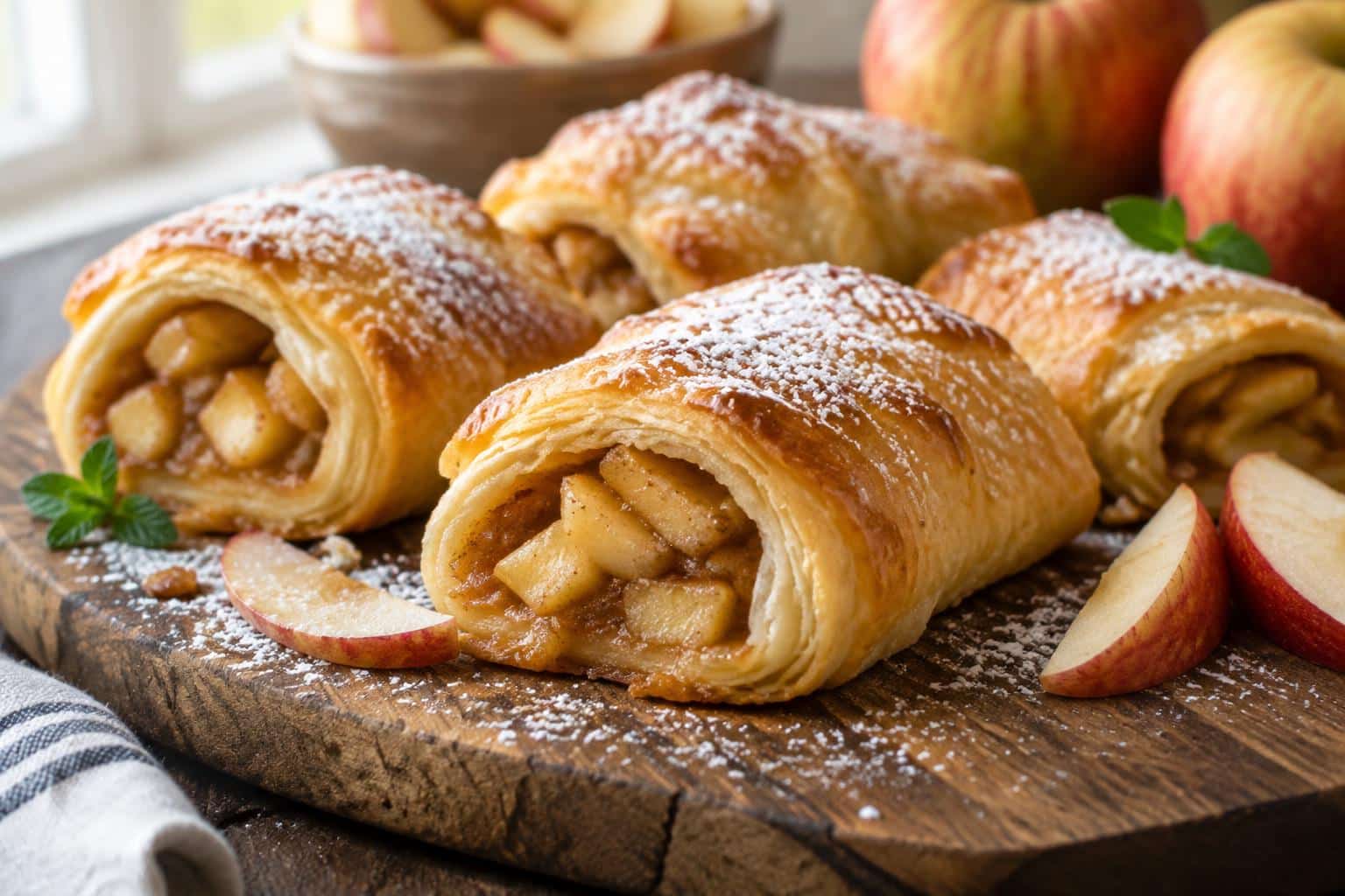 Golden apple puff pastry rolls dusted with powdered sugar on rustic wooden board
