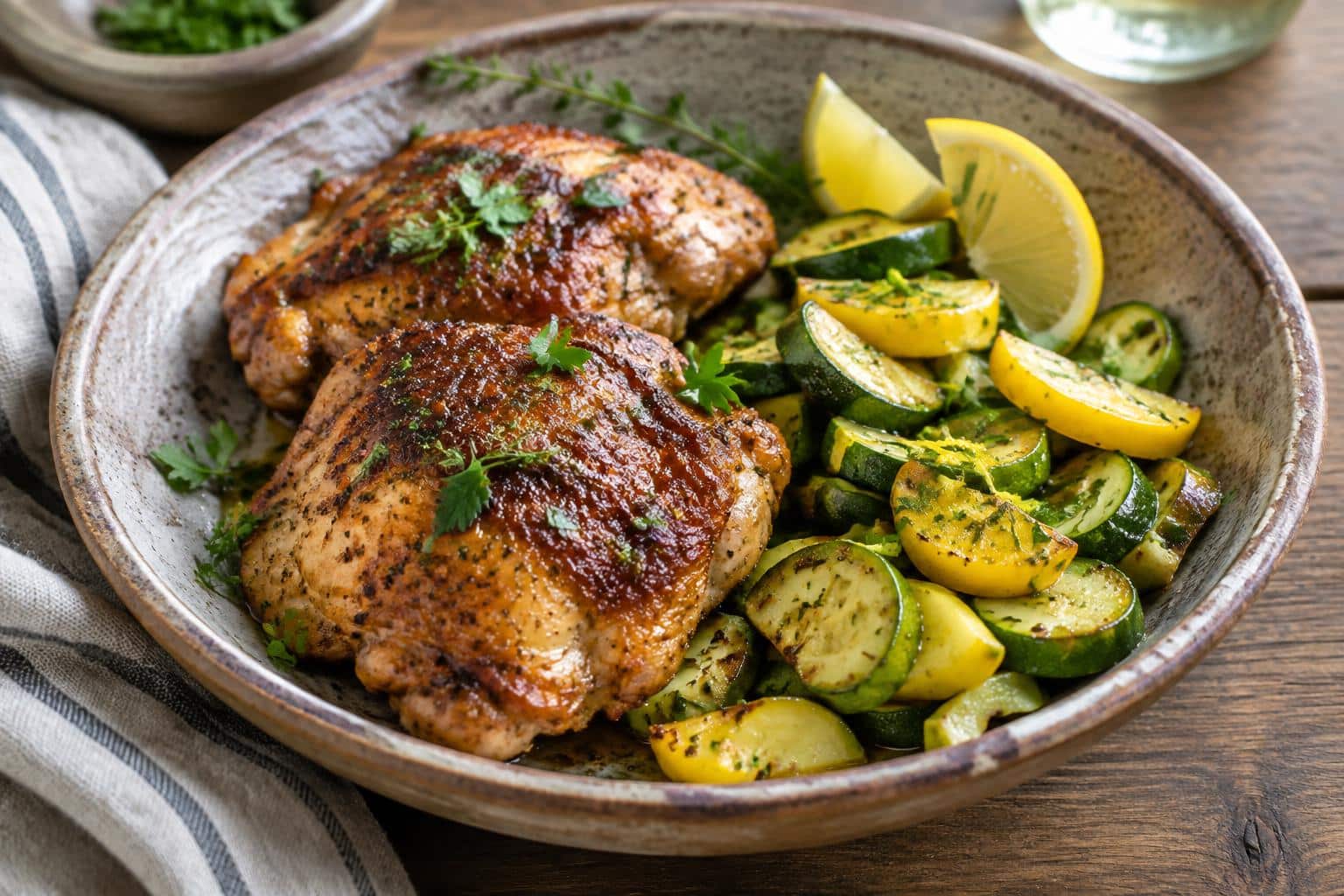 Close-up of easy asado chicken with lemon zucchini sauté garnished with fresh herbs