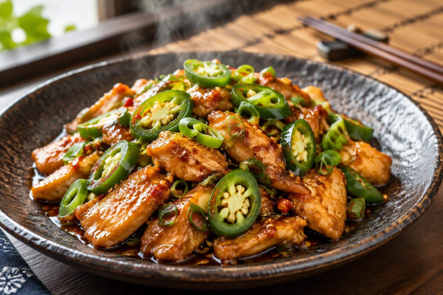 Asian jalapeno chicken with glossy sauce and fresh jalapeno garnish on rustic plate
