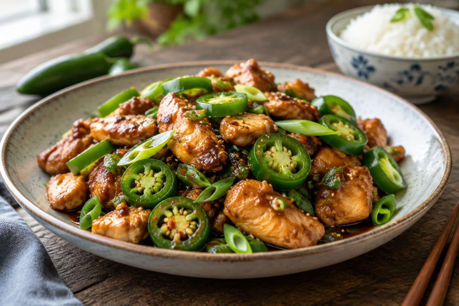 Asian jalapeno chicken served on a plate with sliced jalapenos and scallions