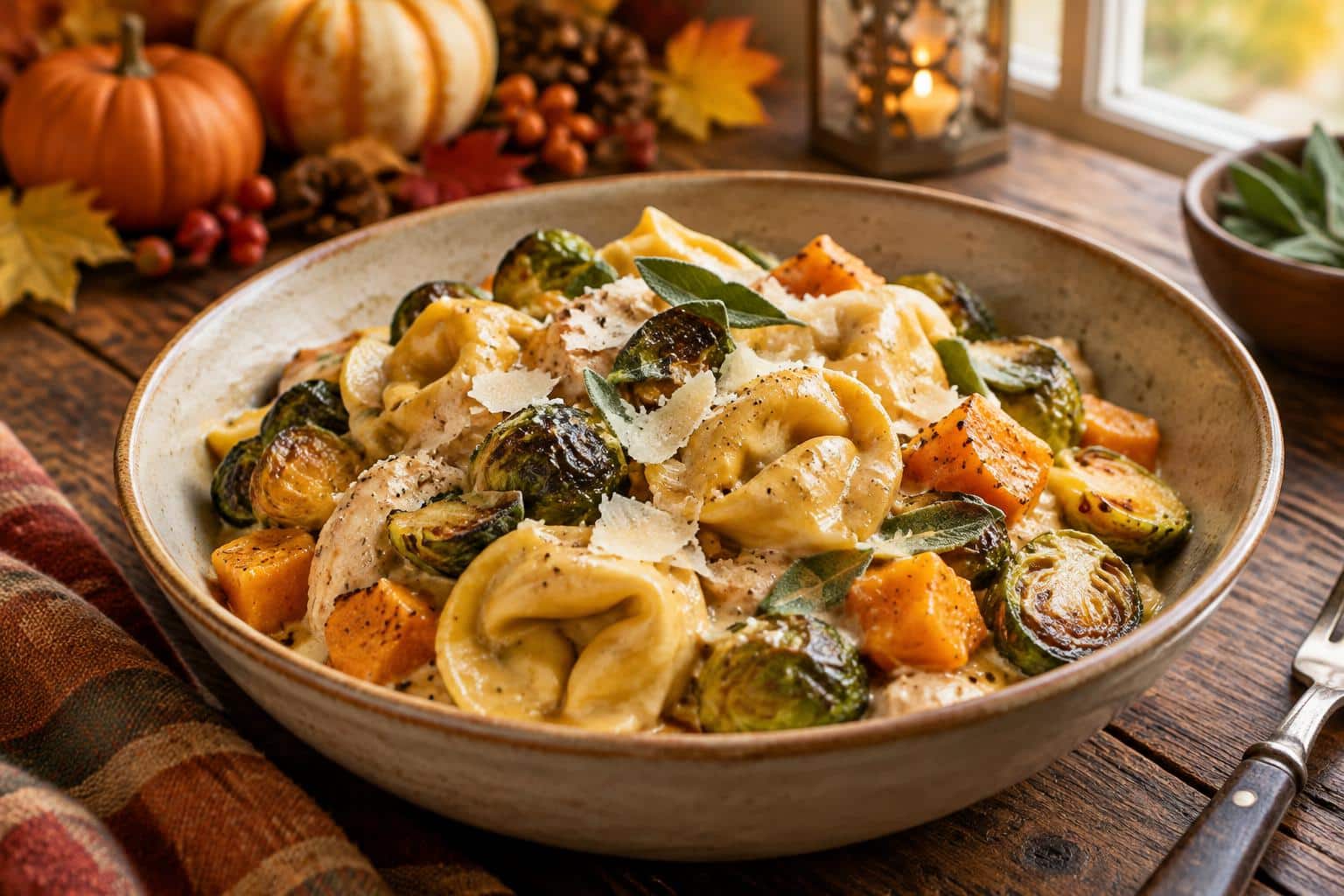 Autumn chicken tortellini with butternut squash and Brussels sprouts in creamy sauce