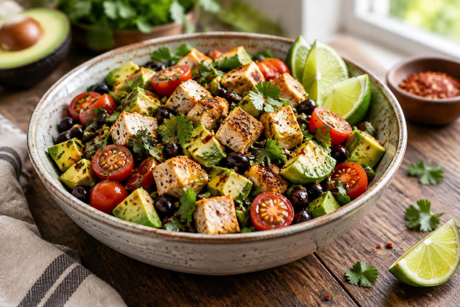 High-protein avocado salad bowl with chicken and black beans, showcasing easy avocado recipes