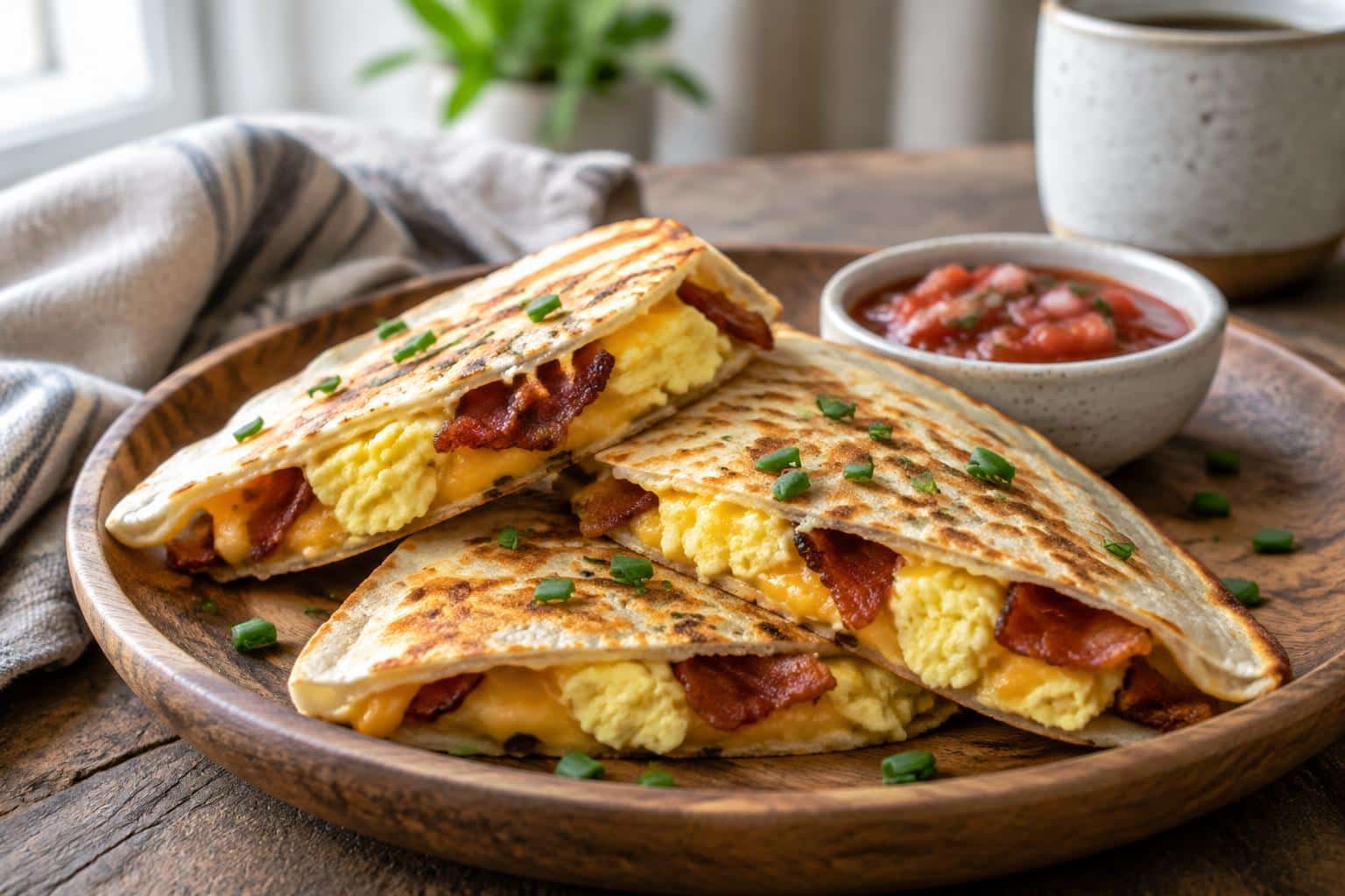 Crispy bacon egg and cheese breakfast quesadillas styled on wooden plate with salsa and chives