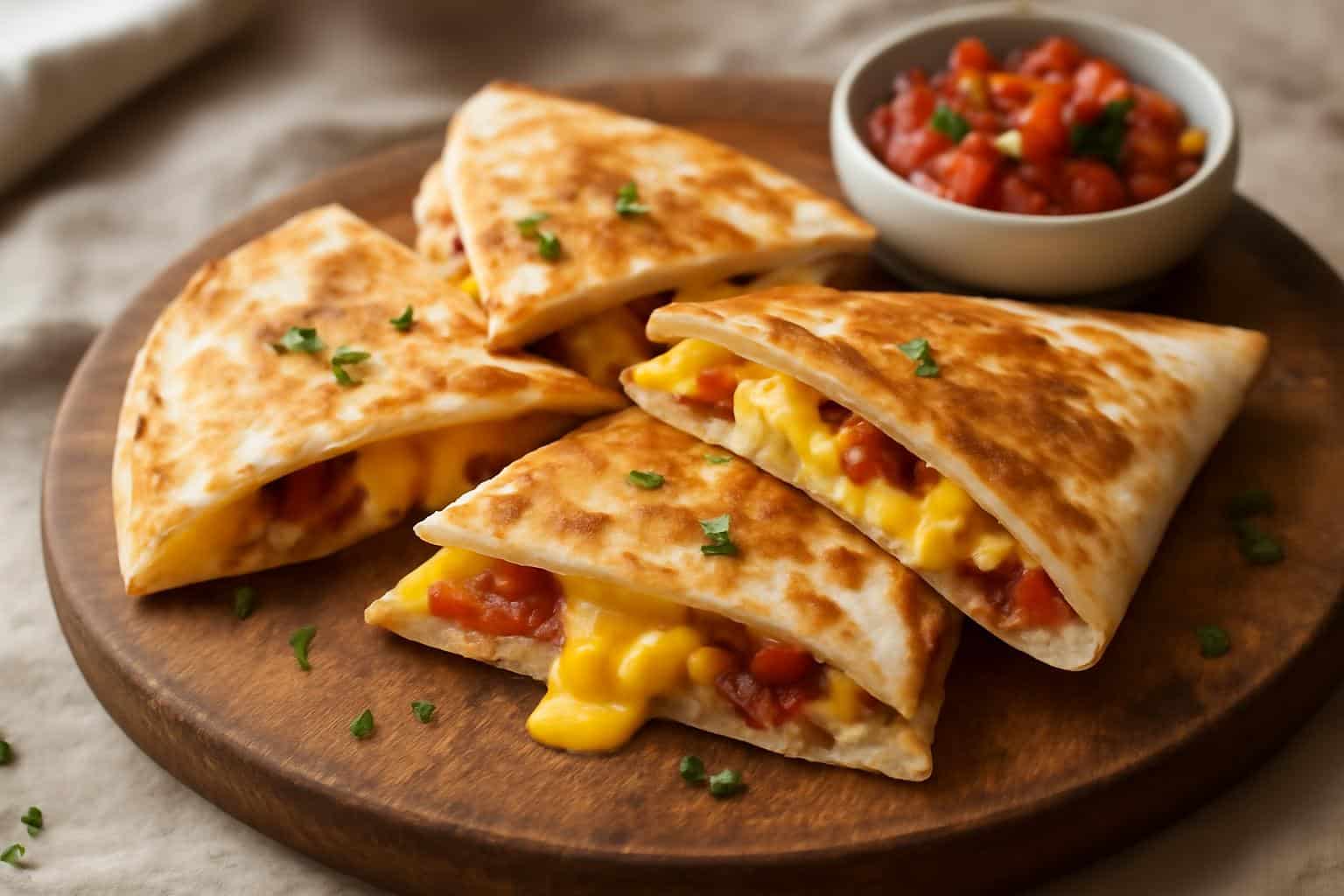 Breakfast quesadillas with bacon egg and cheese melted inside on rustic board