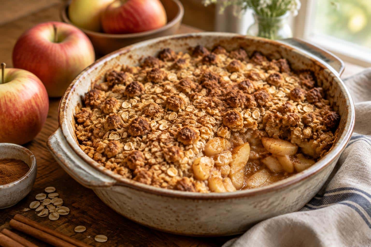 Warm baked apple crumble with crisp oat topping and cinnamon, a classic baked apple crumble dessert