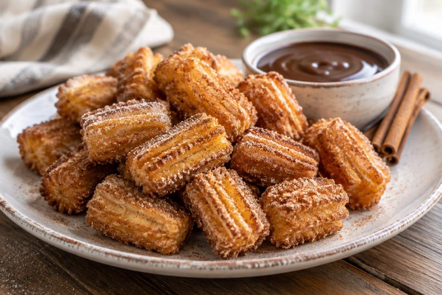 Golden baked churro bites dusted with cinnamon sugar ready to serve