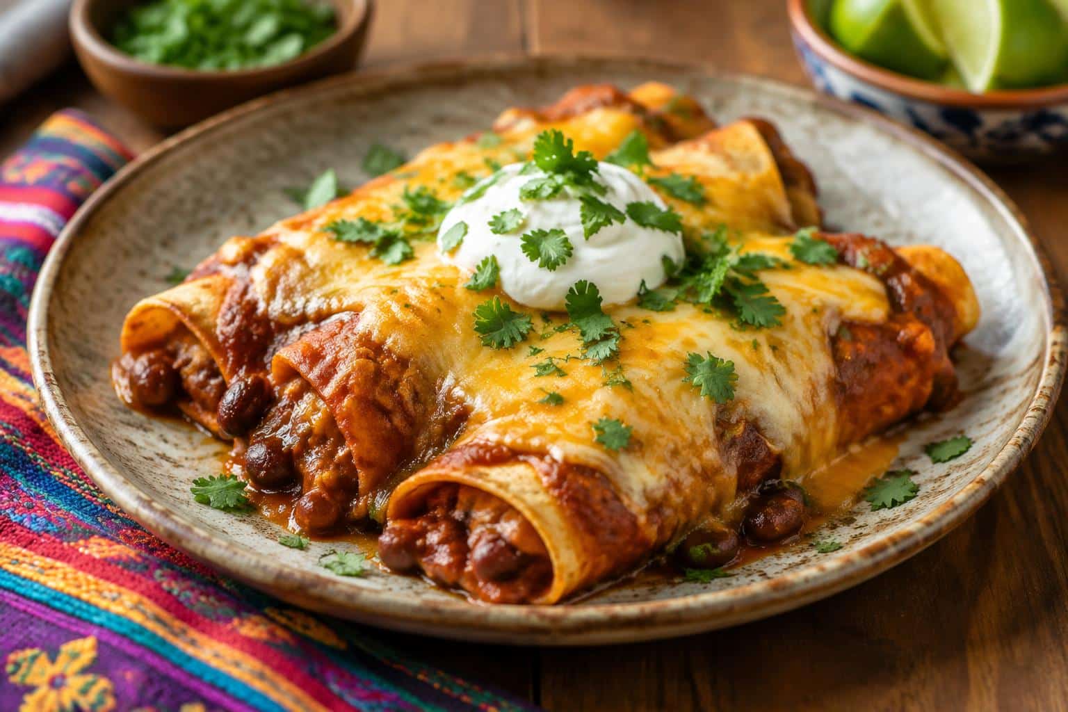 Freshly baked bean and cheese enchiladas with melted cheese and cilantro garnish