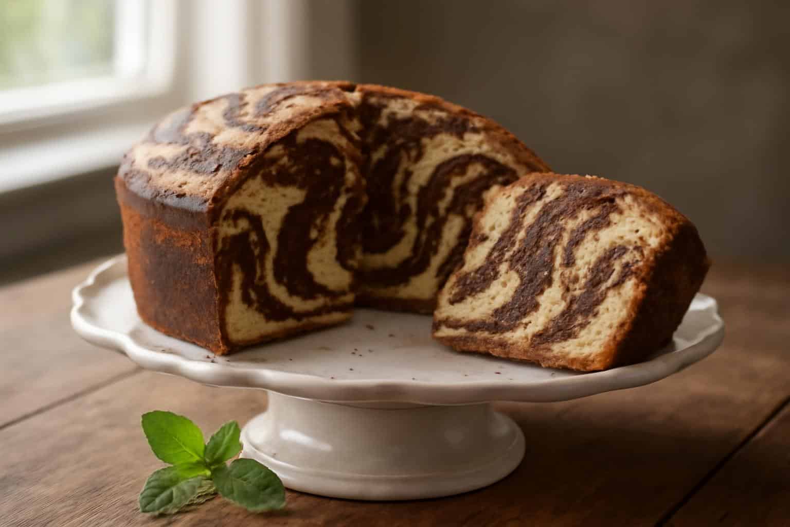 Freshly baked marbled cake with chocolate and vanilla swirls, moist texture visible in slice, marbled cake recipe