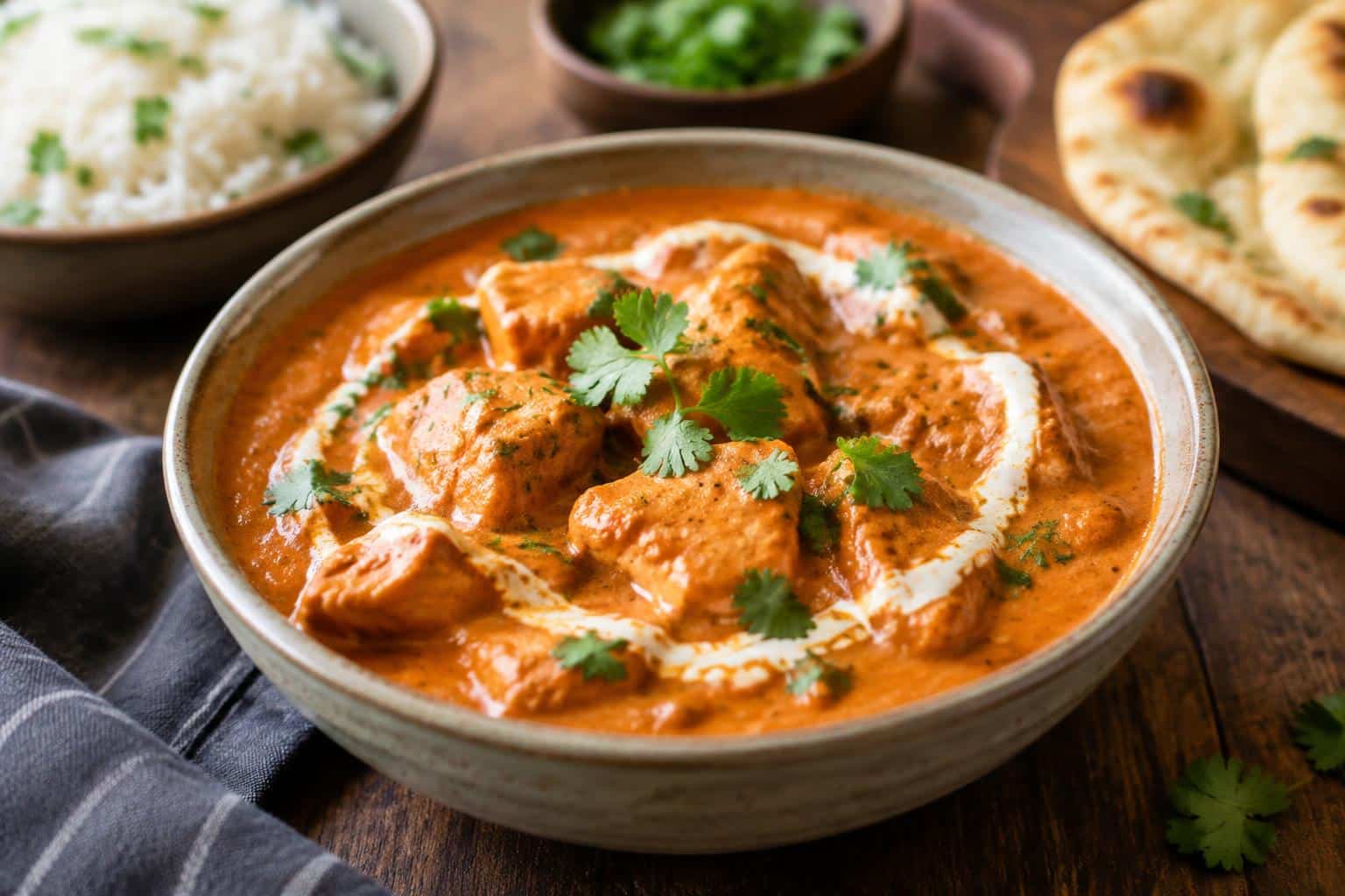 Slow cooker butter chicken served in a bowl garnished with cilantro and cream