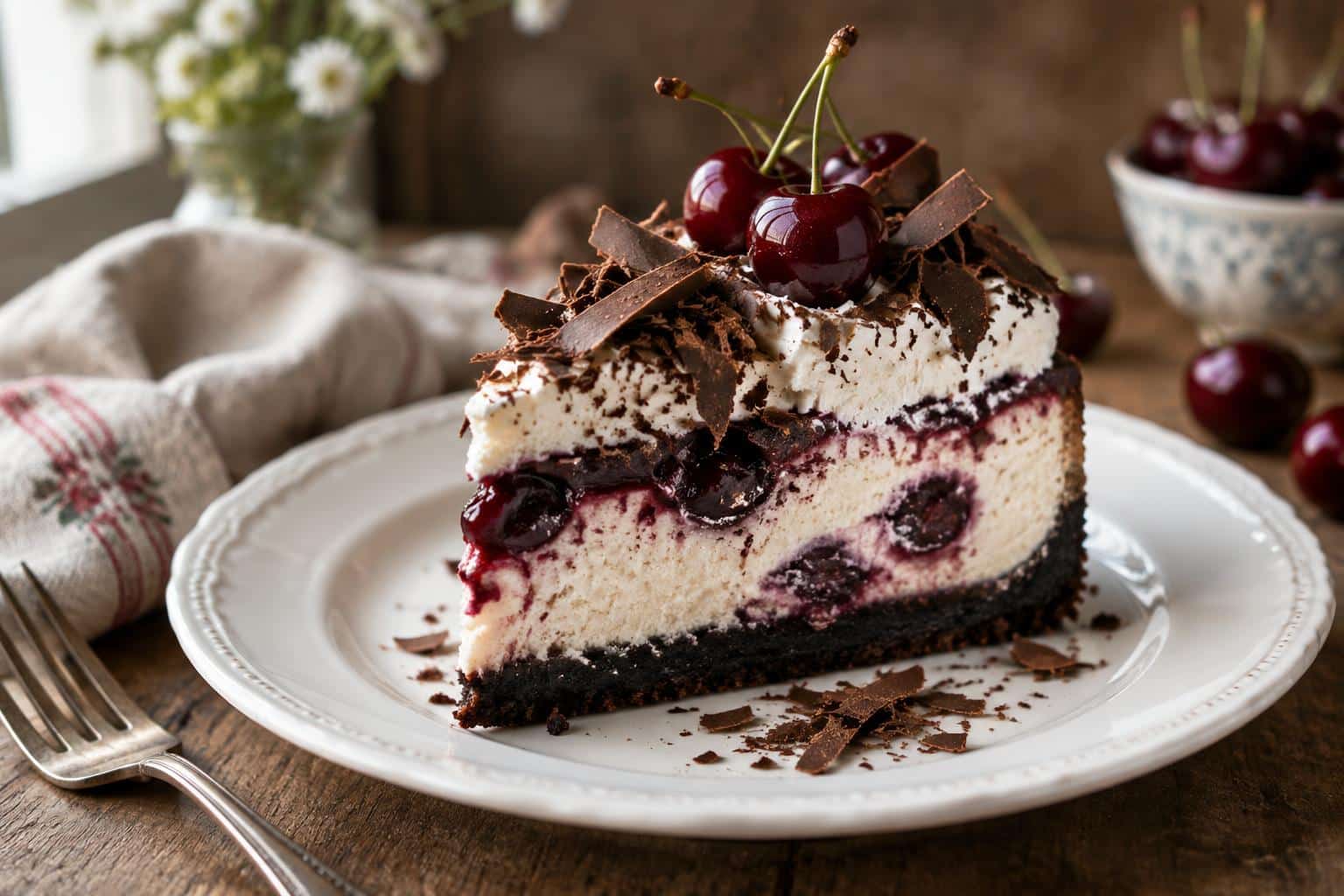 Slice of black forest cheesecake topped with cherries and chocolate shavings on white plate