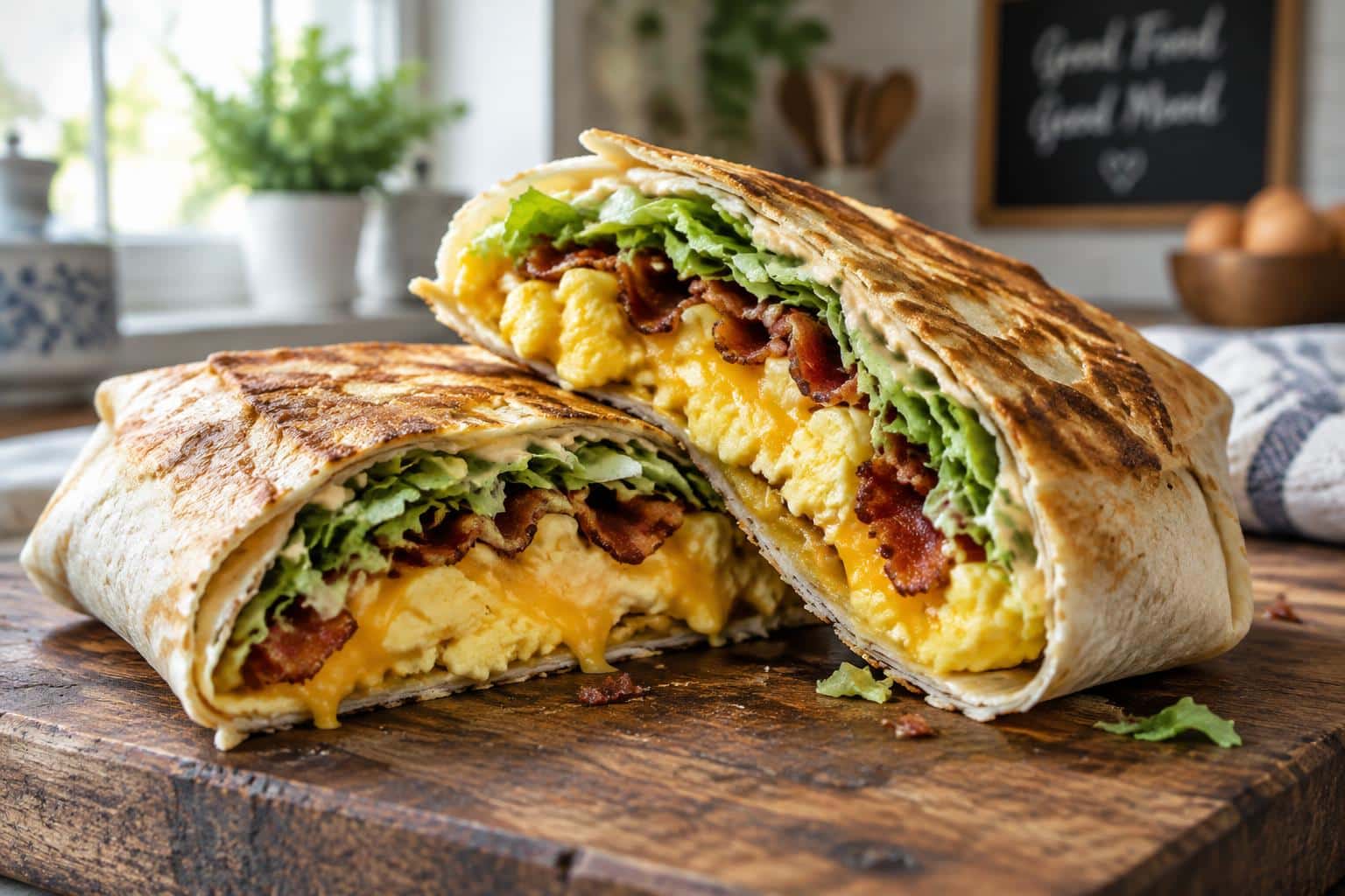 Golden brown breakfast crunchwrap cut in half showing melted cheese and eggs