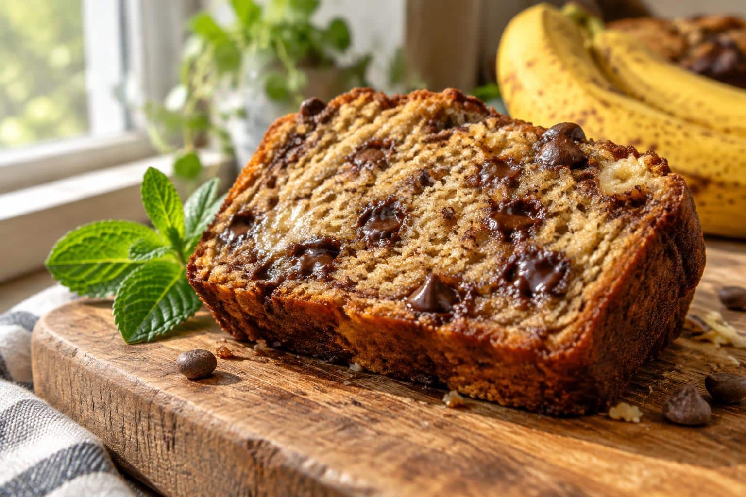 Slice of brown butter banana bread with chocolate chips on a wooden board in natural light