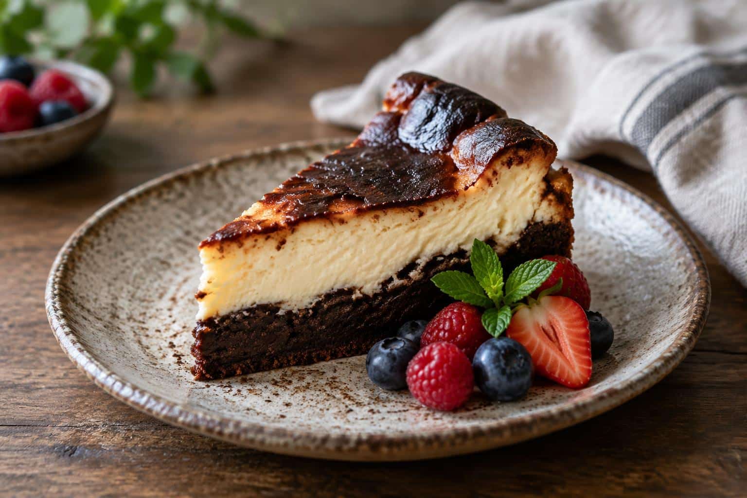 Creamy brownie basque cheesecake slice with burnt top and fresh berry garnish