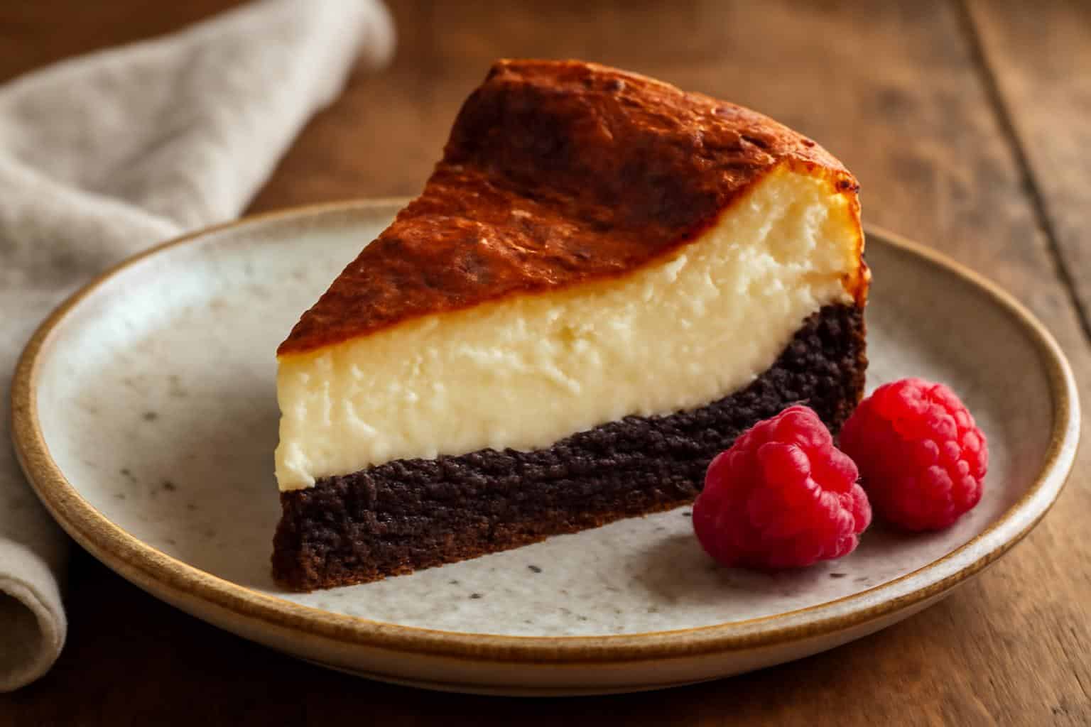 Slice of brownie basque cheesecake with crispy top and creamy interior on ceramic plate