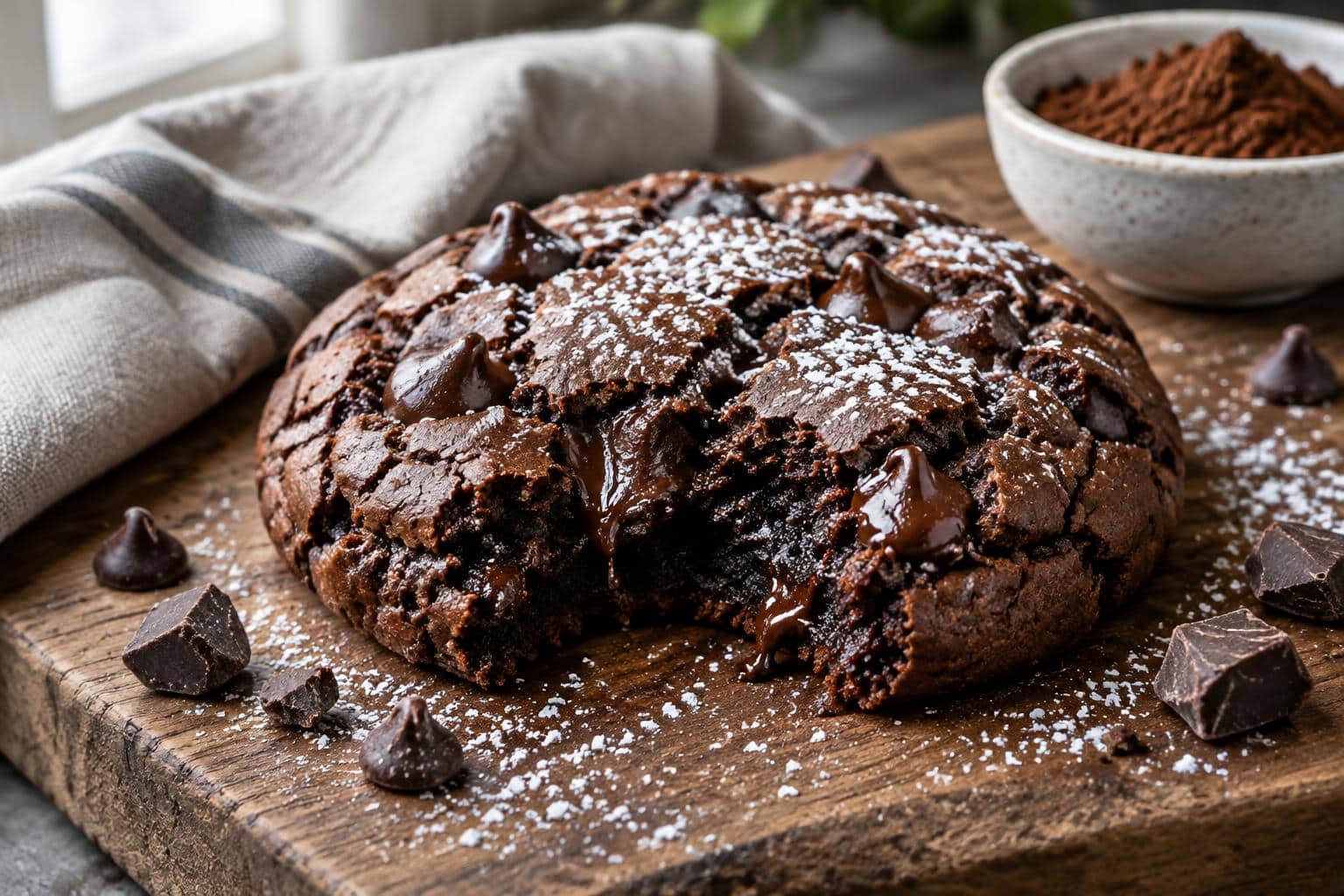 Freshly baked brownie cookie mashup with gooey chocolate chips and powdered sugar topping
