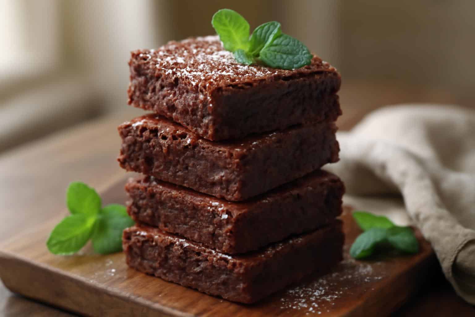 Stack of rich and fudgy easy brownies with chocolate texture and powdered sugar garnish
