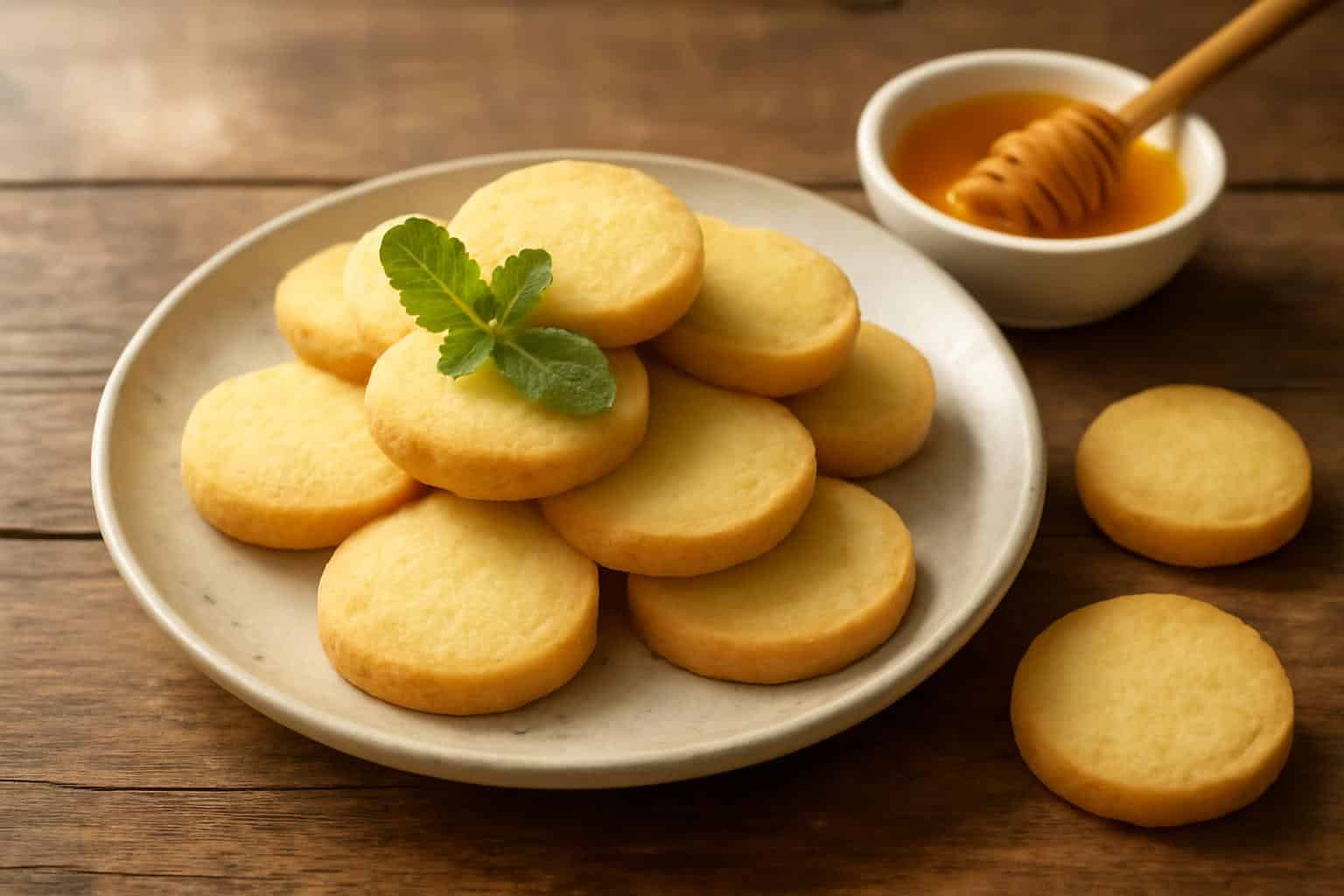 Plate of easy buttery guilt-free shortbread cookies with golden texture and fresh mint garnish